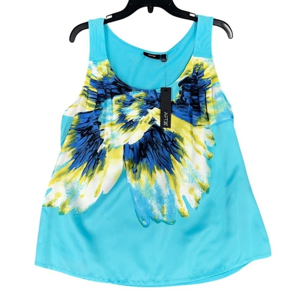 Apt 9 Abstract Floral Sleeveless Tank Top Pleated Scoop Neck Blue Yellow L Women